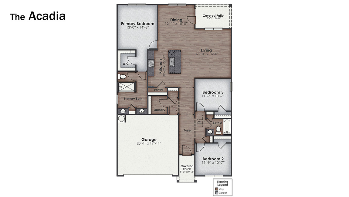 The Acadia is one of our ranch style plans available to build in our Rolling Hills community in Bolivia, NC that offers 3 bedrooms, 2 bathrooms, 1,618 of living space and a 2-car garage.