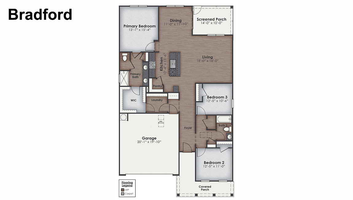 The Bradford is a 3 bedroom, 2 bath home with 1,672 of open concept living space.