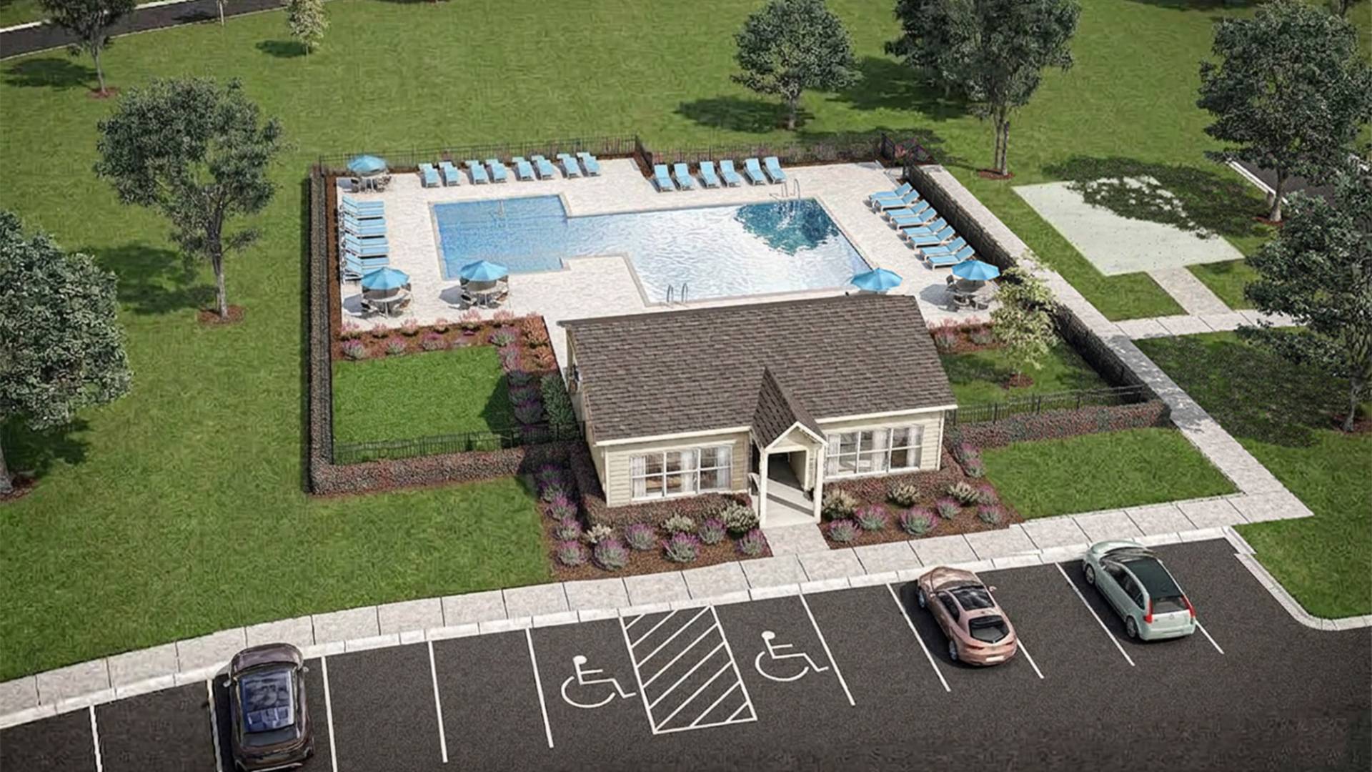 community pool, a sports court, and an open-air pavilion.