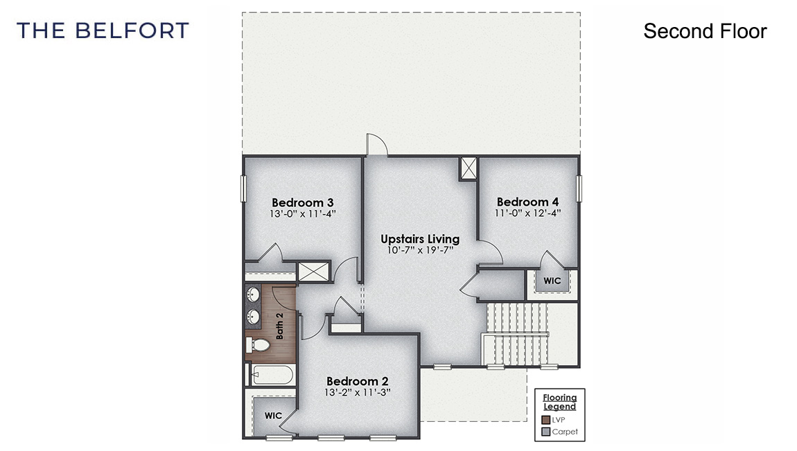 The Belfort floorplan is a 4 bedroom, 2.5 bath, 2,271 sq ft of open concept living space perfect for any stage of life. This plan is in Bolivia, North Carolina in our Rolling Hills community.