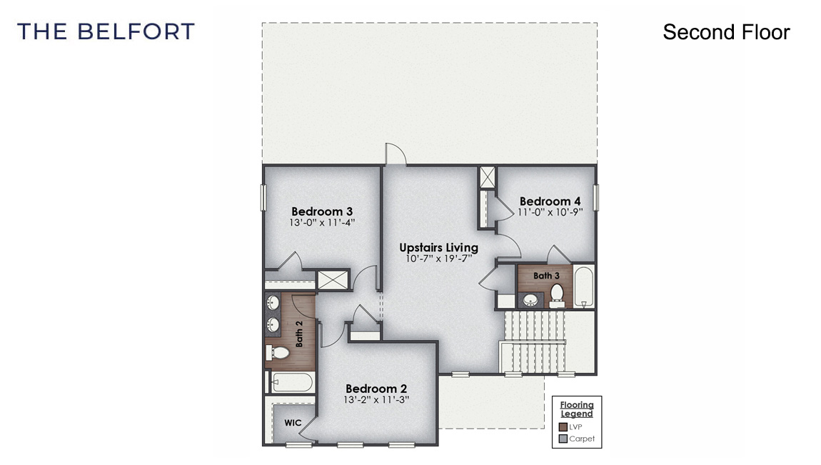The Belfort floorplan is a 4 bedroom, 2.5 bath, 2,271 sq ft of open concept living space perfect for any stage of life. This plan is in Bolivia, North Carolina in our Rolling Hills community.