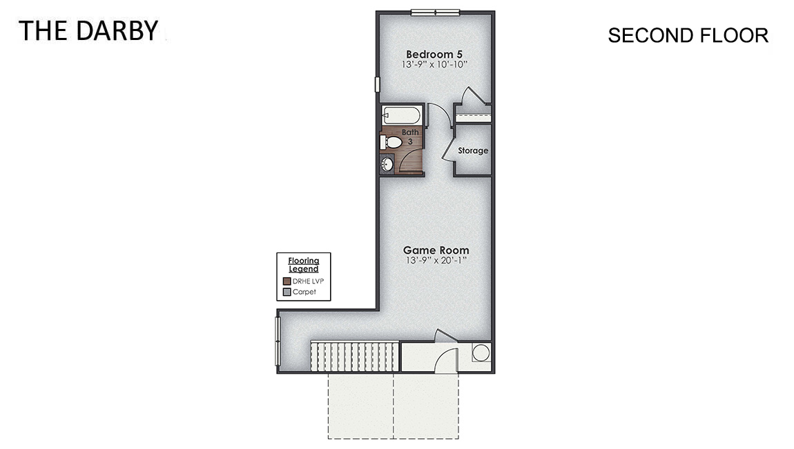 The Darby Plan in Grayson Park located in Leland, North Carolina a beautiful home is 2,671 sq ft with 5 bedrooms,3 baths, a back porch, and a two-car garage. The ground level balances privacy with an open, airy flow: