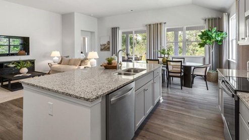 large gourmet kitchen with 36'' staggered cabinets with crown molding, granite, tile backsplash, walk-in pantry, and stainless-steel appliances in kitchen.