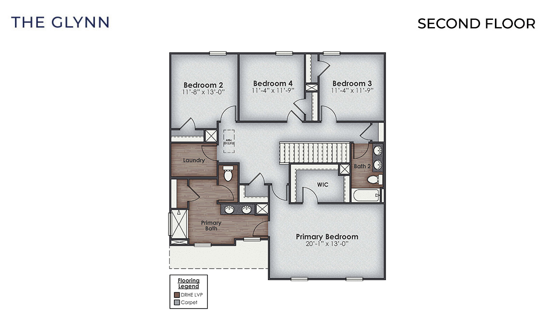 he Glynn floorplan works wonders for a functional family that requires 4 bedrooms, 2.5 bath, a flex room, and all the space and storage in between this 2,350 sq. ft floorplan.