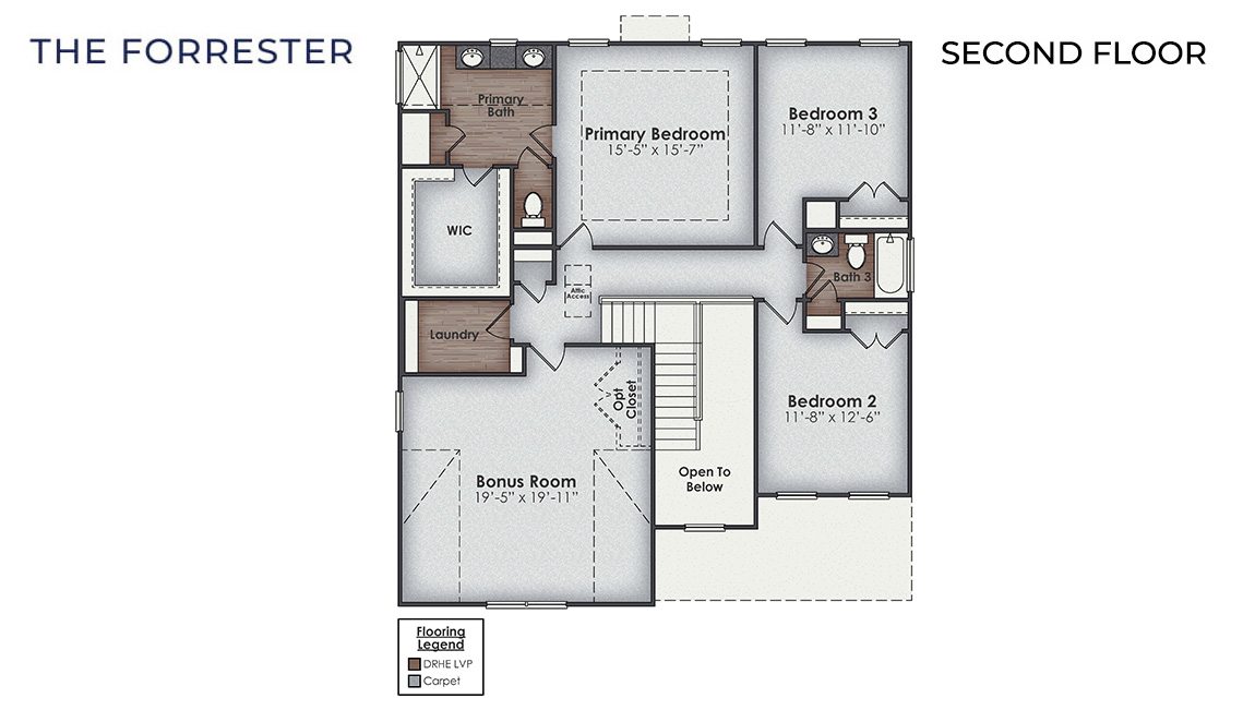 The Forrester is one of our two-story floorplans featured in our Grayson Park community in Leland, North Carolina. Inside this 4 bedroom, 3 bathroom home, you’ll find 2,643 square feet of comfortable living.