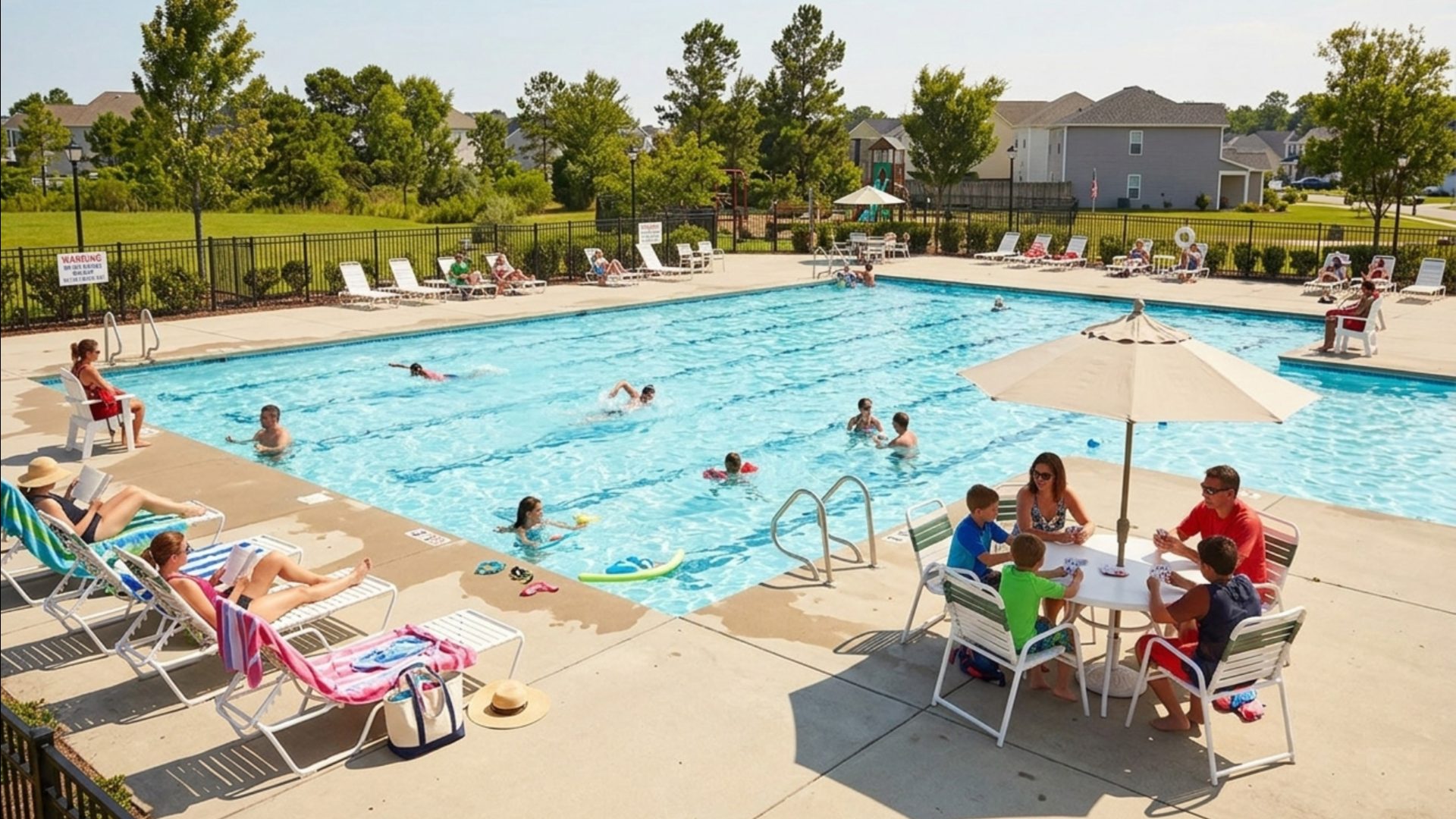 Residents have access to a range of amenities such as a well-equipped clubhouse, a fitness room, a spacious competition swimming pool, a kiddie pool, a hot tub, a sports court, a playground, and picturesque nature trails for walking.