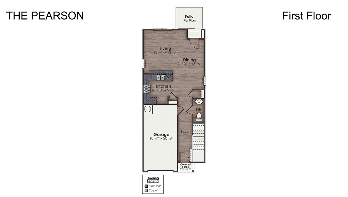The Pearson is a two-story floor plan with a single-car garage. The open concept living design allows an easy flow to the kitchen, dining room and living room