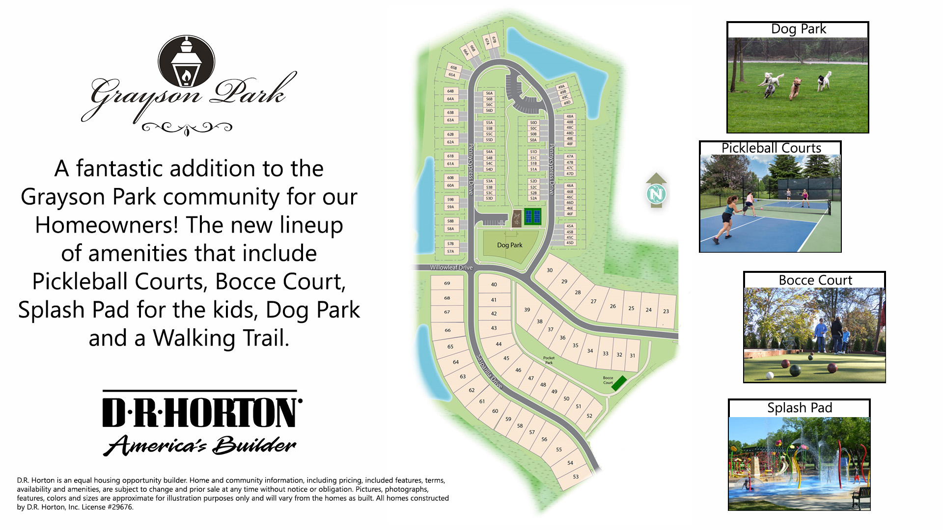 Along with the current Community amenities,  Homeowners will also enjoy a resort style swimming pool, clubhouse with full kitchen, fitness room, simulated golf, pool table, fire pit area, multi-game court, discovery playground and amenity pond.