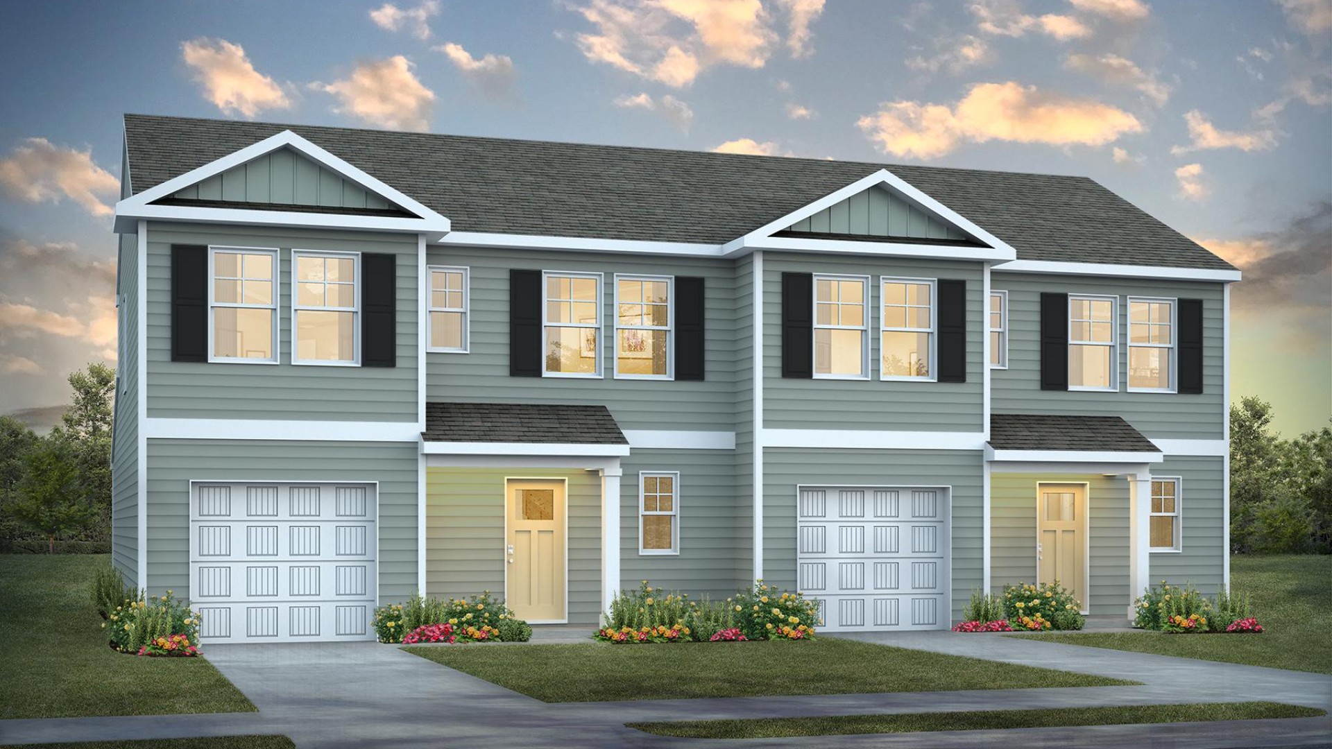 The Norman townhome is a two-story, two-unit residence with 4 bedrooms and 2.5 baths, 1,763 sq ft, 1-car garage located in Leland, North Carolina in our Grayson Park community.