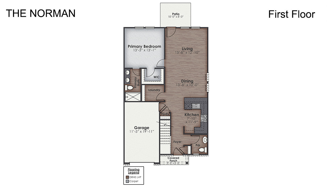 The Norman townhome is a two-story, two-unit residence with 4 bedrooms and 2.5 baths, 1,763 sq ft, 1-car garage located in Leland, North Carolina in our Grayson Park community.