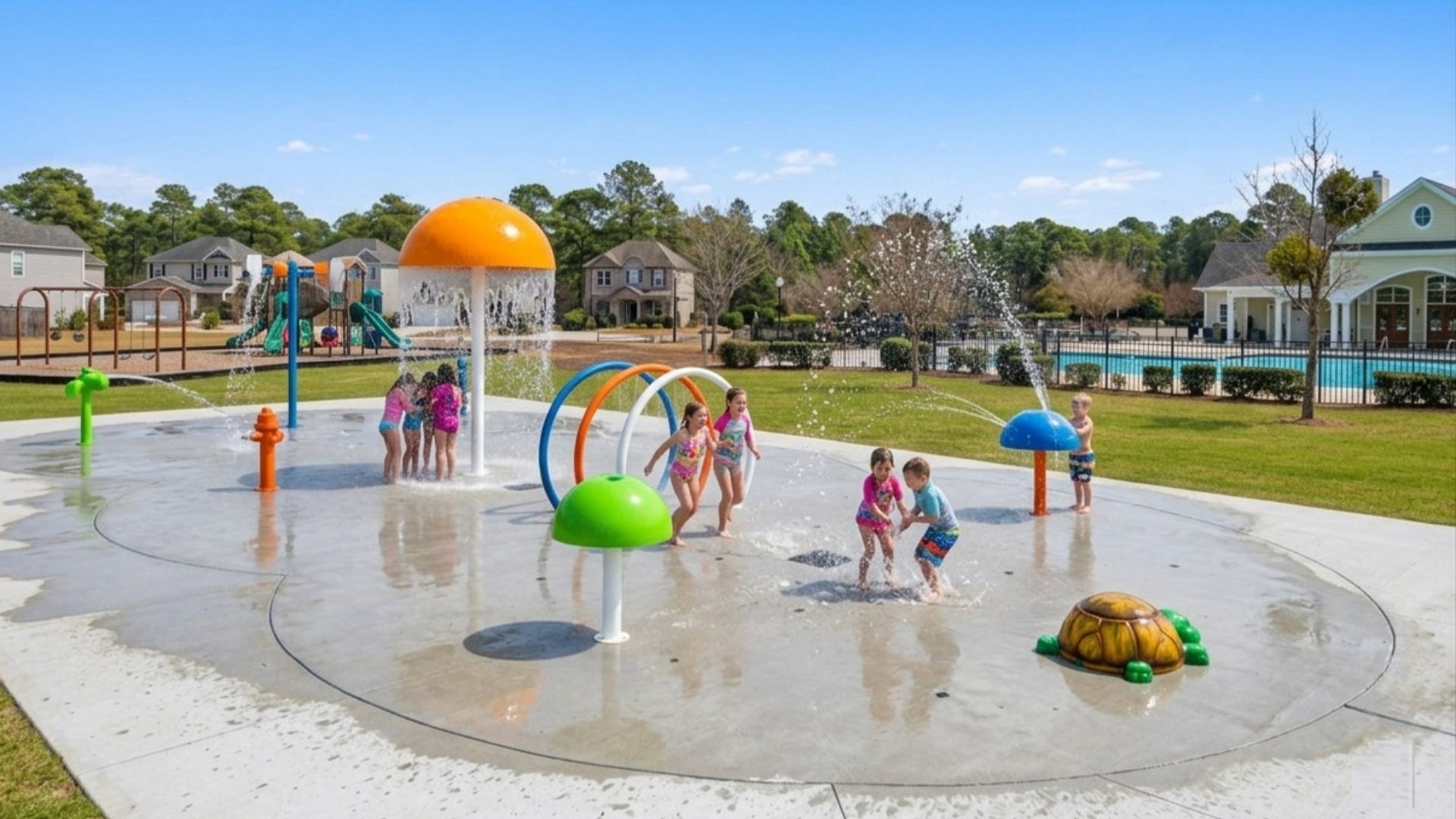 Residents have access to a range of amenities such as a well-equipped clubhouse, a fitness room, a spacious competition swimming pool, a kiddie pool, a hot tub, a sports court, a playground, and picturesque nature trails for walking.