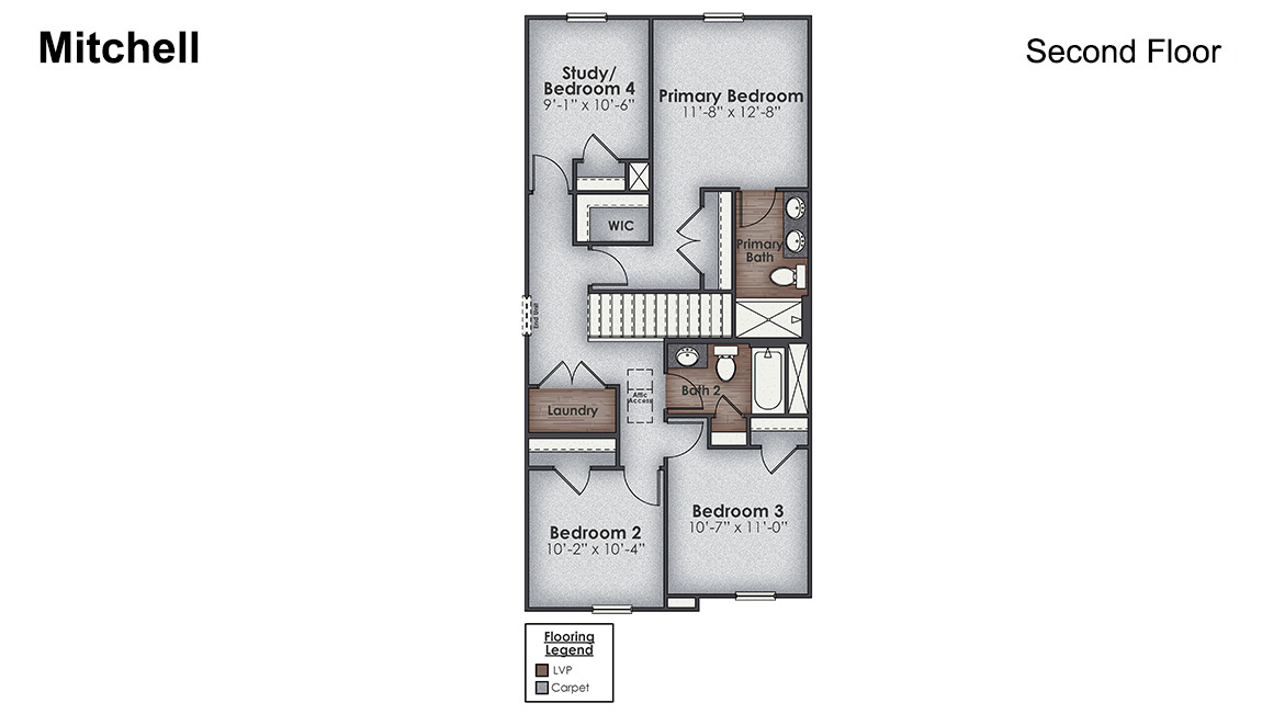 Welcome to the Mitchell! A two-story townhome with 4 bedrooms, 2.5 Baths, 1,554 sq ft and 1 car garage in a prime location! Your new home in Leland, North Carolina in our Grayson Park community.