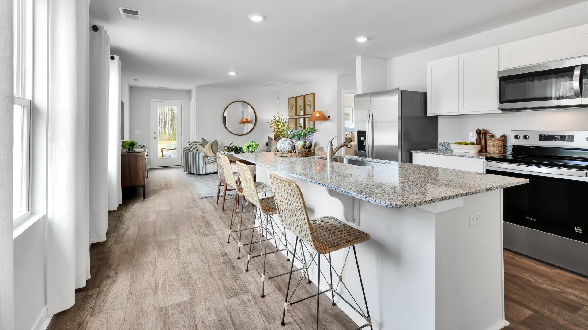 This appealing one-story layout optimizes living space with an open concept kitchen situated in between the living room and dining room and all bedrooms upstairs.