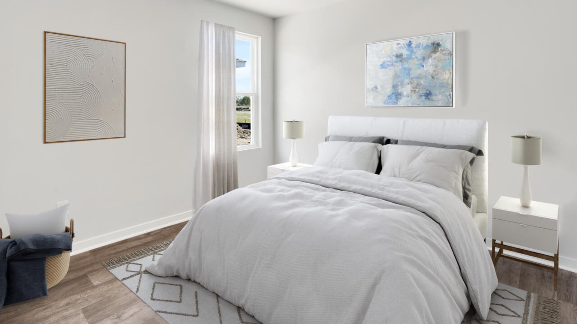 The primary bedroom features an ensuite bathroom with a double vanity, granite countertops, and walk-in closet . Each bedroom has vinyl flooring along with a closet that are versatile to fit your family's needs, whether they become bedrooms or home offices