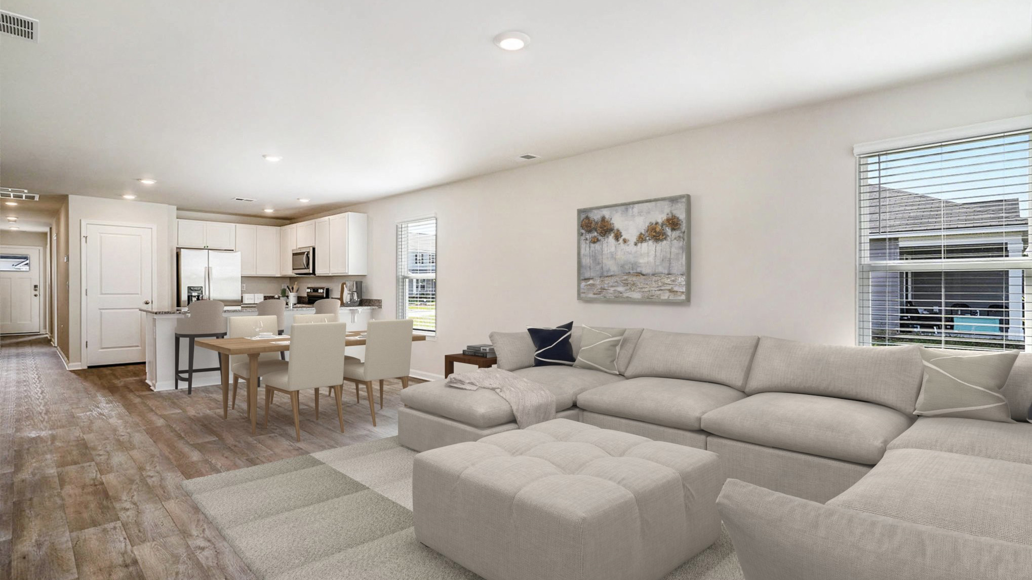 The Cameron plan offers a harmonious blend of functionality and comfort, featuring four bedrooms and two bathrooms. Its open floor design seamlessly integrates the kitchen, dining, and living areas,