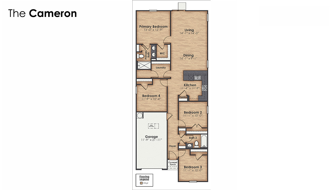 The Cameron plan offers a harmonious blend of functionality and comfort, featuring four bedrooms, two bathrooms and 1,498 square feet of living space. This layout is idea for those seeking practicality and relaxation in their living space.