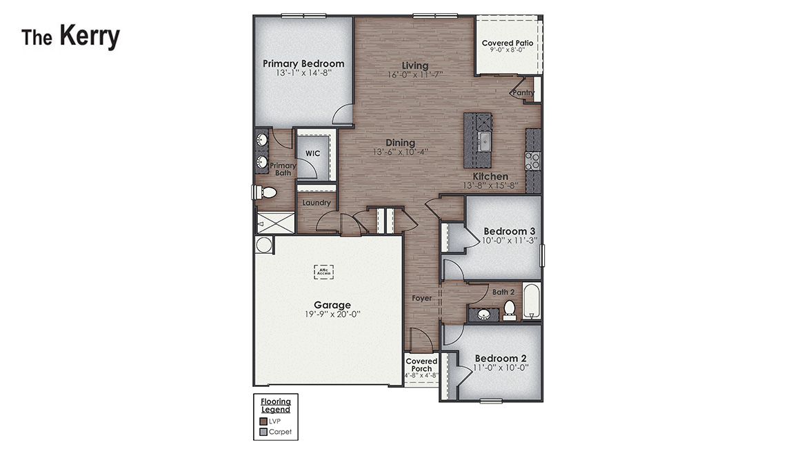 The Kerry floor plan offers open living space and a 2-car garage. At the front are two guest bedrooms and a full bathroom, perfect for visitors or a home office. Inside you’ll find 1,475 square feet of comfortable living.