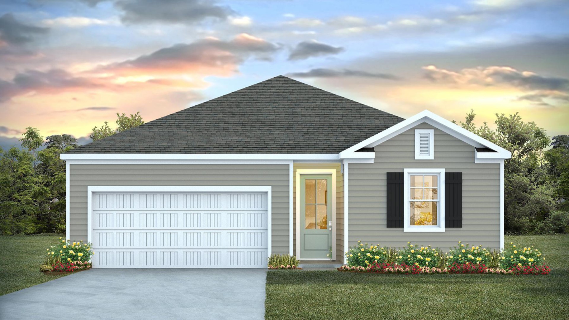 The Kerry floor plan offers open living space and a 2-car garage. At the front are two guest bedrooms and a full bathroom, perfect for visitors or a home office. Inside you’ll find 1,475 square feet of comfortable living.