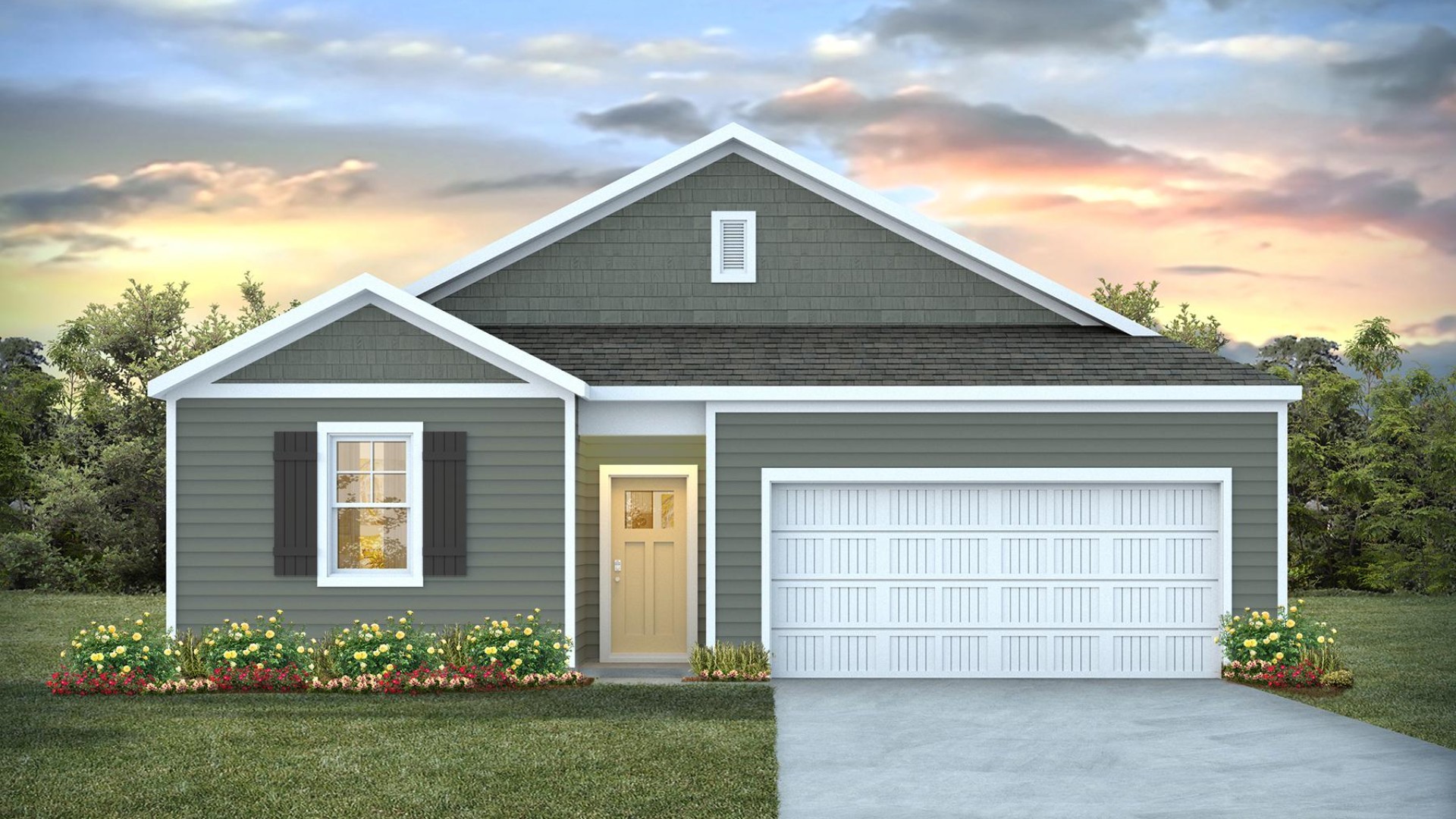 The Kerry floor plan offers open living space and a 2-car garage. At the front are two guest bedrooms and a full bathroom, perfect for visitors or a home office. Inside you’ll find 1,475 square feet of comfortable living.