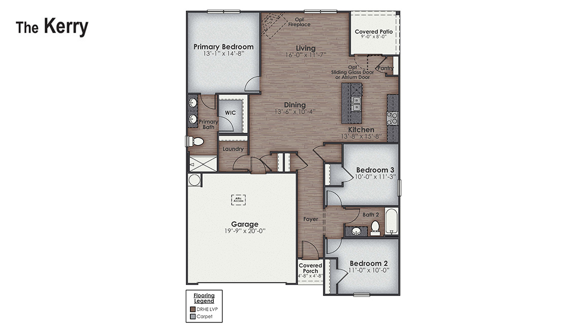 The Kerry floor plan offers open living space and a 2-car garage. At the front are two guest bedrooms and a full bathroom, perfect for visitors or a home office. Inside you’ll find 1,475 square feet of comfortable living.
