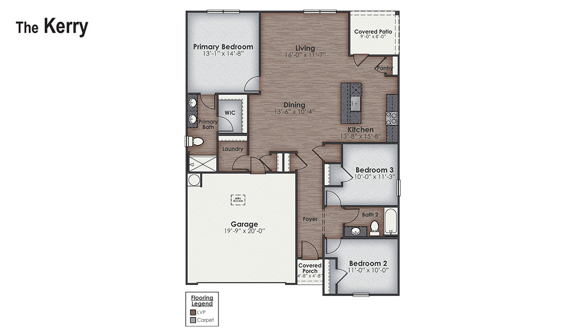 The Kerry floor plan offers open living space and a 2-car garage. At the front are two guest bedrooms and a full bathroom, perfect for visitors or a home office. Inside you’ll find 1,475 square feet of comfortable living.