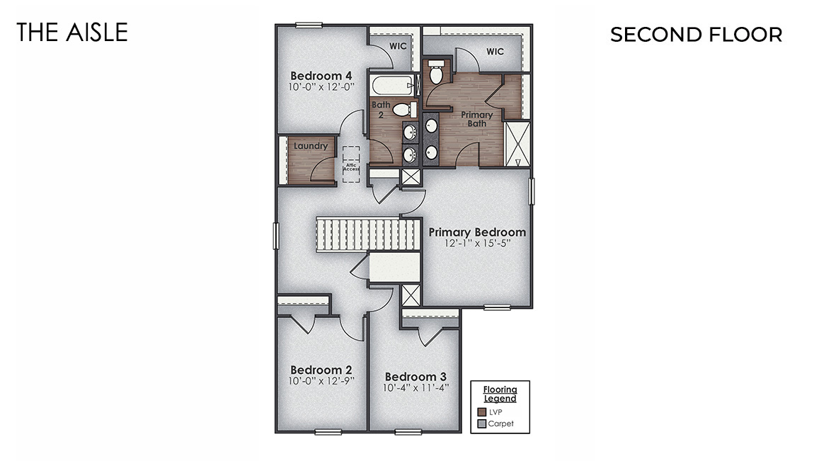 The Aisle is a two-story 4-bedroom, 2.5 bath floorplan with 1,928 square feet of living space.