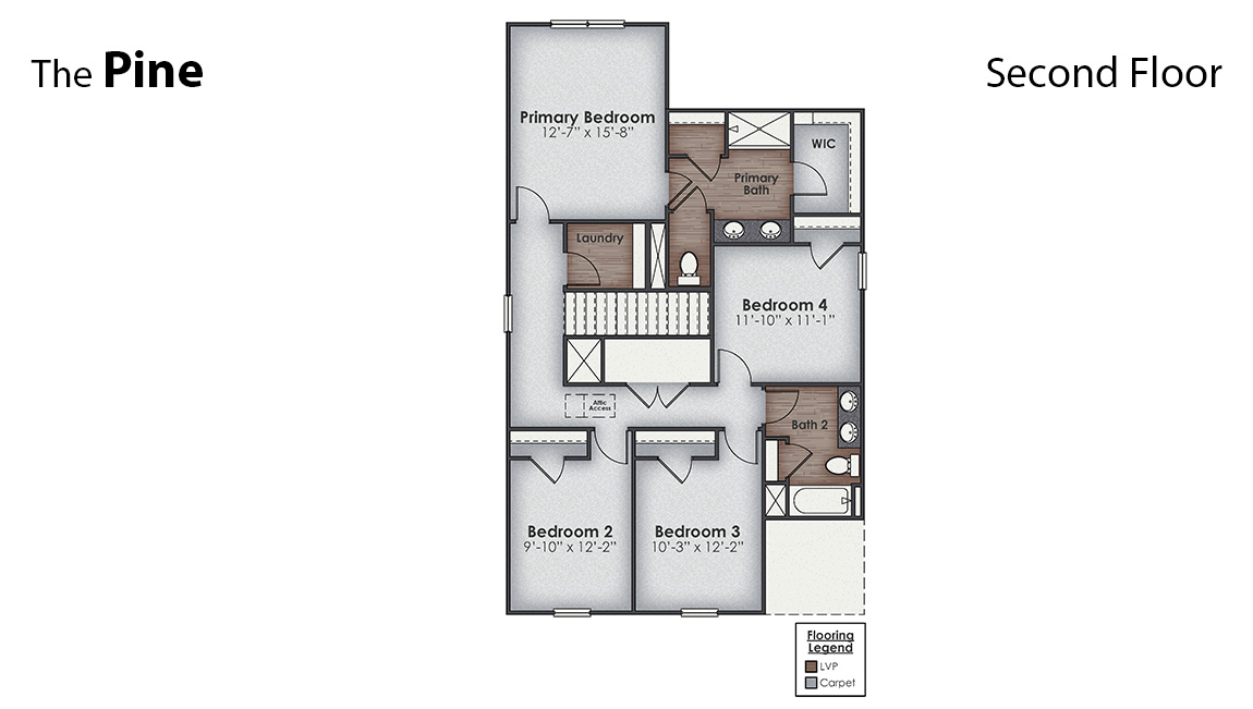 The Pine is a 1,953 square foot open concept two-story home, offering four bedrooms, two and a half bathrooms and a two-car garage. With 3 modern exteriors to choose from, the Pine is sure to turn heads.