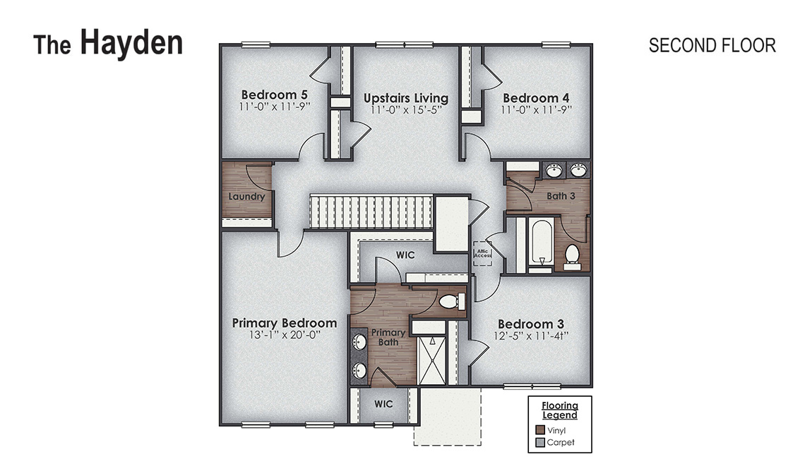 The Hayden is a two-story plan with 5 bedrooms and 3 bathrooms in 2,511 square feet.