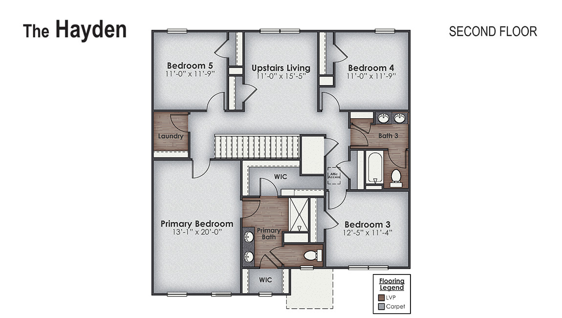 The Hayden Floorplan offers 2,511 square feet with 5 bedrooms, 3 full bathrooms, and a 2-car garage. With its spacious layout and modern amenities, the Hayden is perfect for those seeking a versatile and functional home.