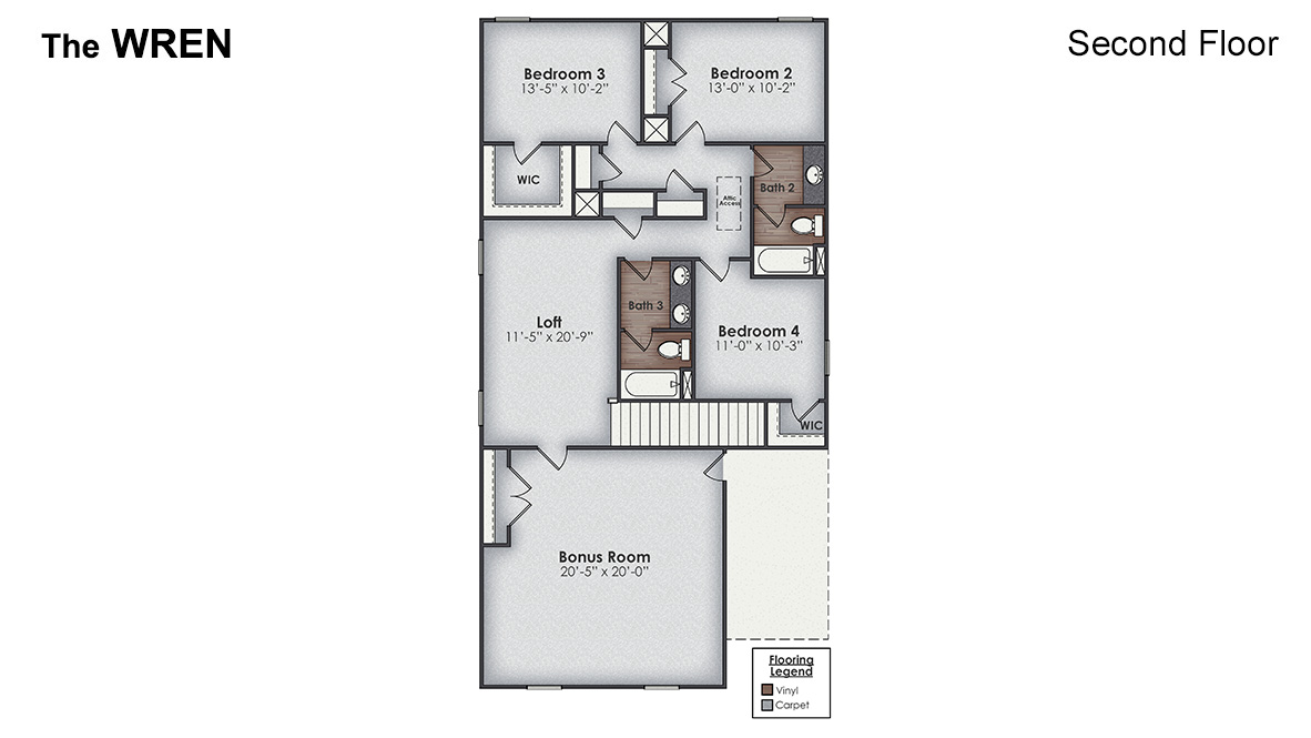 The Wren is one of our two-story floorplans featured in our Bella Point community in Bolivia, North Carolina. With 2 modern exteriors to choose from, the Hayden is sure to turn heads. To top it off, its one of our floorplans that offers a 2-car garage.