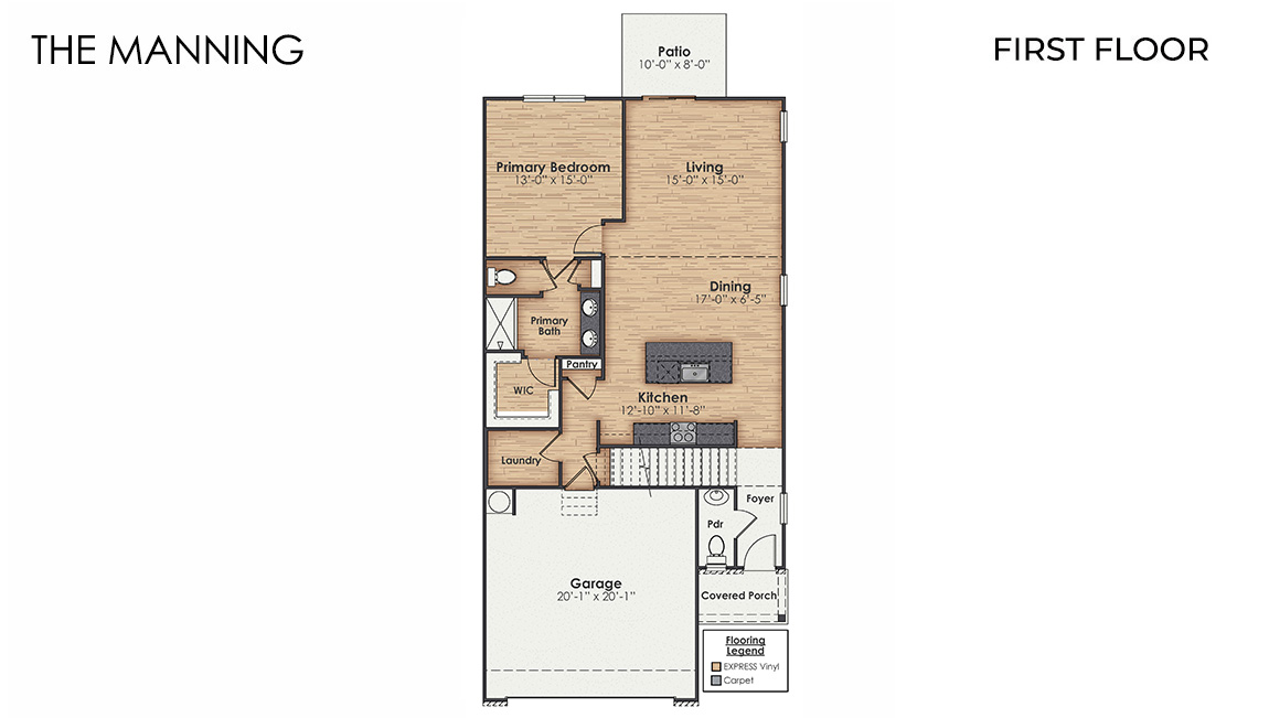 This is a 4-bedroom, 2.5-bathroom home with a 2-car garage, and it has the primary suite on the main level. Entering the great room we find the dining area, family room and a wonderful cook's kitchen are all together for open living.