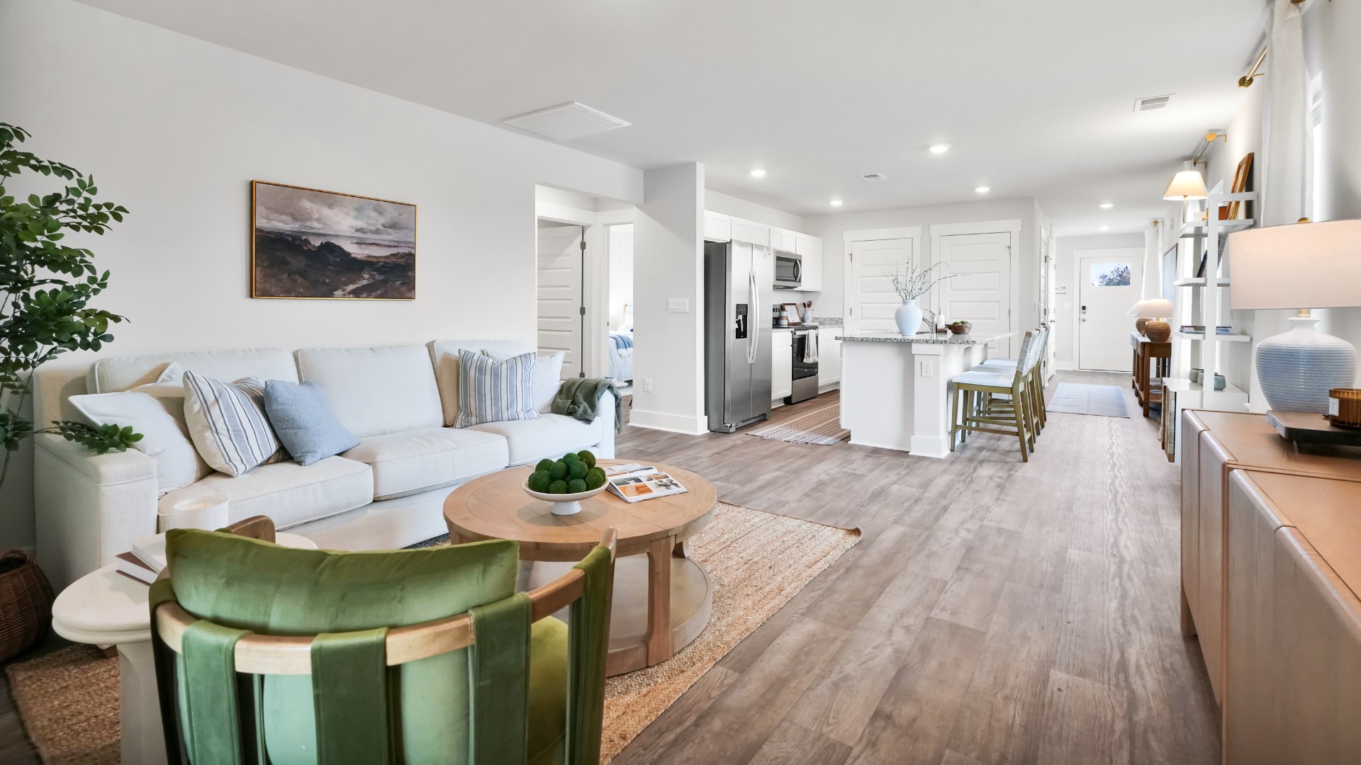 This appealing one-story layout optimizes living space with an open concept kitchen situated in between the living room and dining room and all bedrooms upstairs
