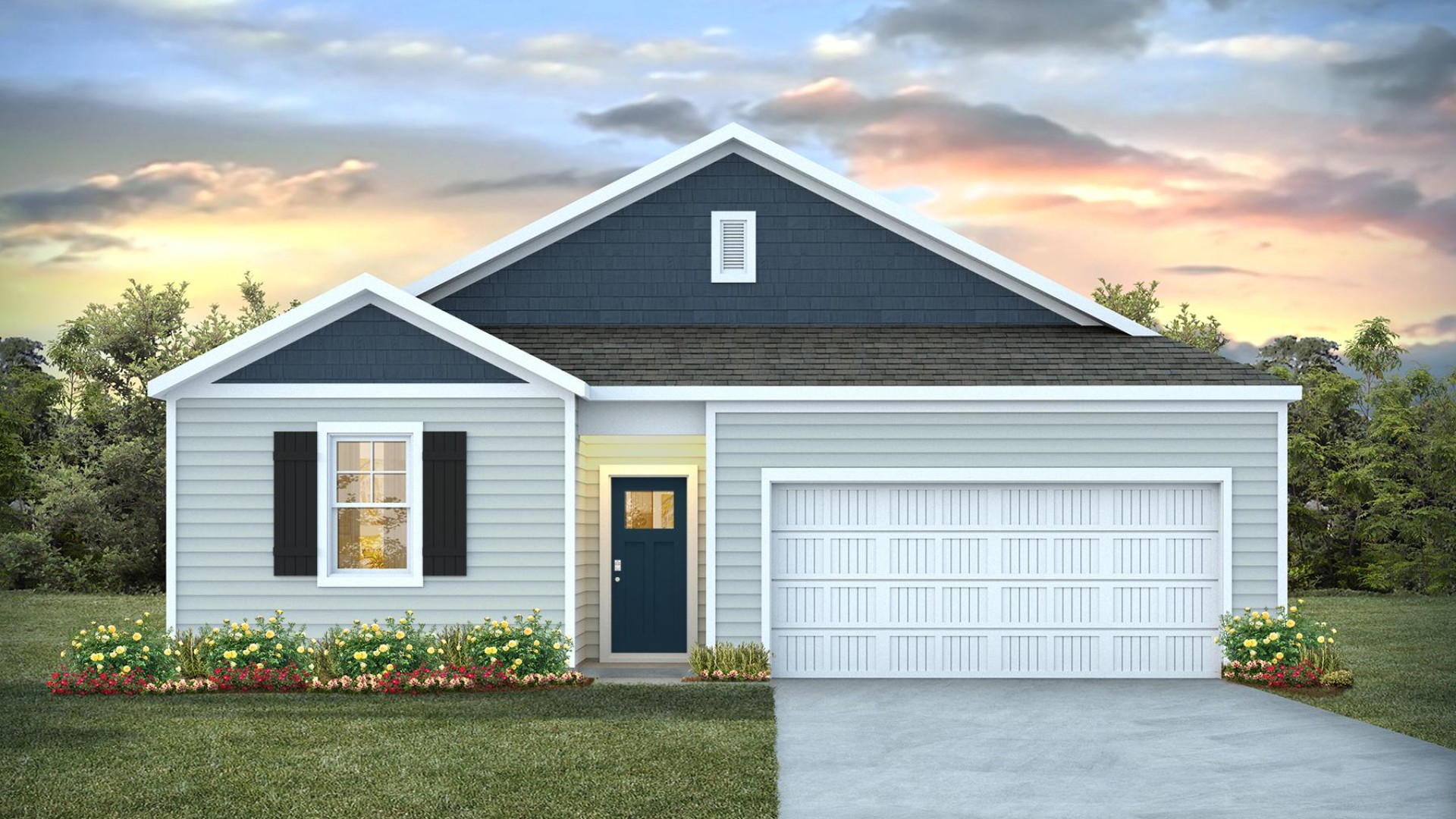 The Kerry floor plan offers open living space and a 2-car garage. At the front are two guest bedrooms and a full bathroom, perfect for visitors or a home office. You’ll have plenty of room to grow with 3 bedrooms, 2 bathrooms, and 1,475 square feet of living space.