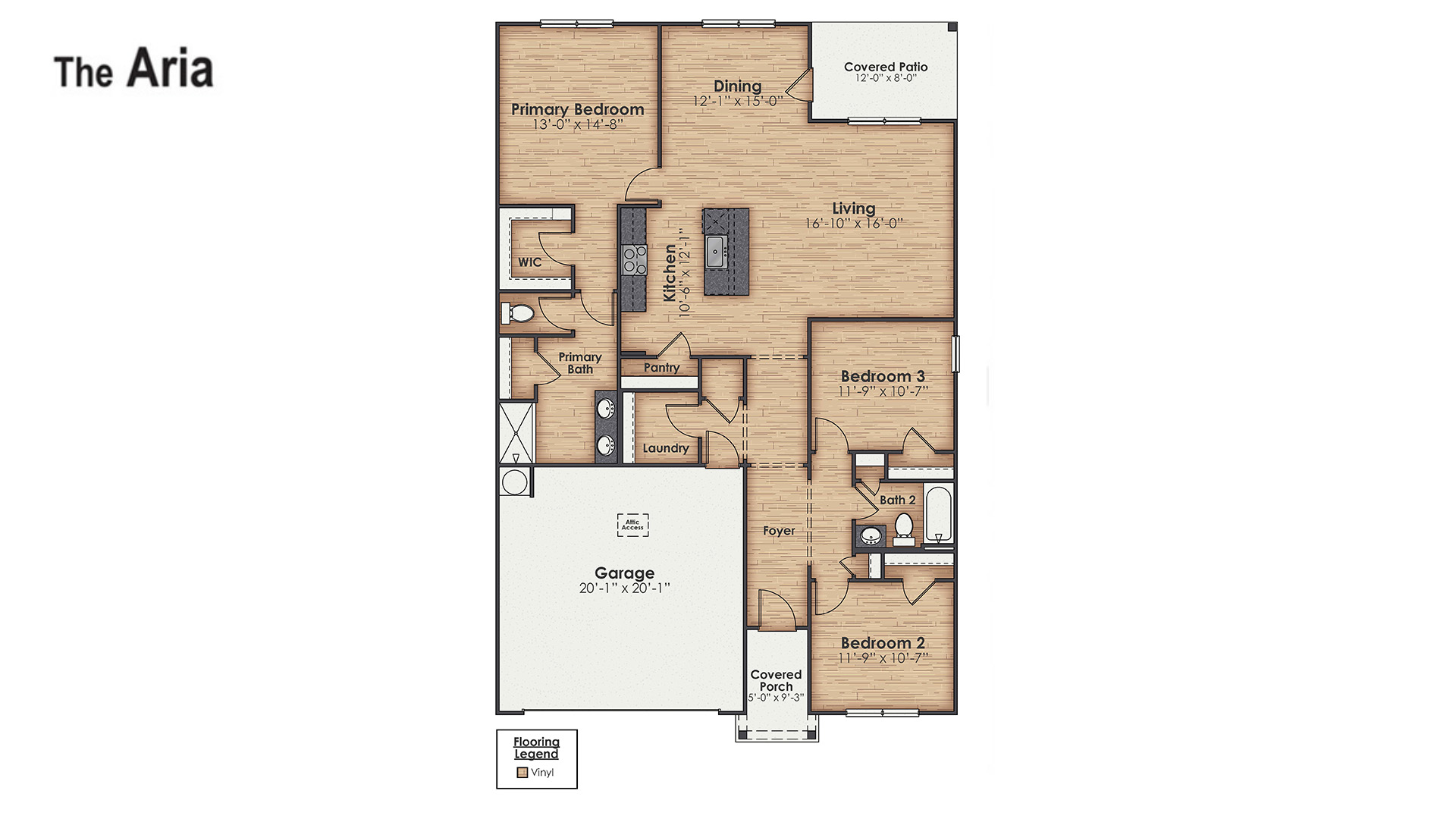 The Aria is a 3-bedroom, 2-bathroom home with 1,618 square feet of open living space.