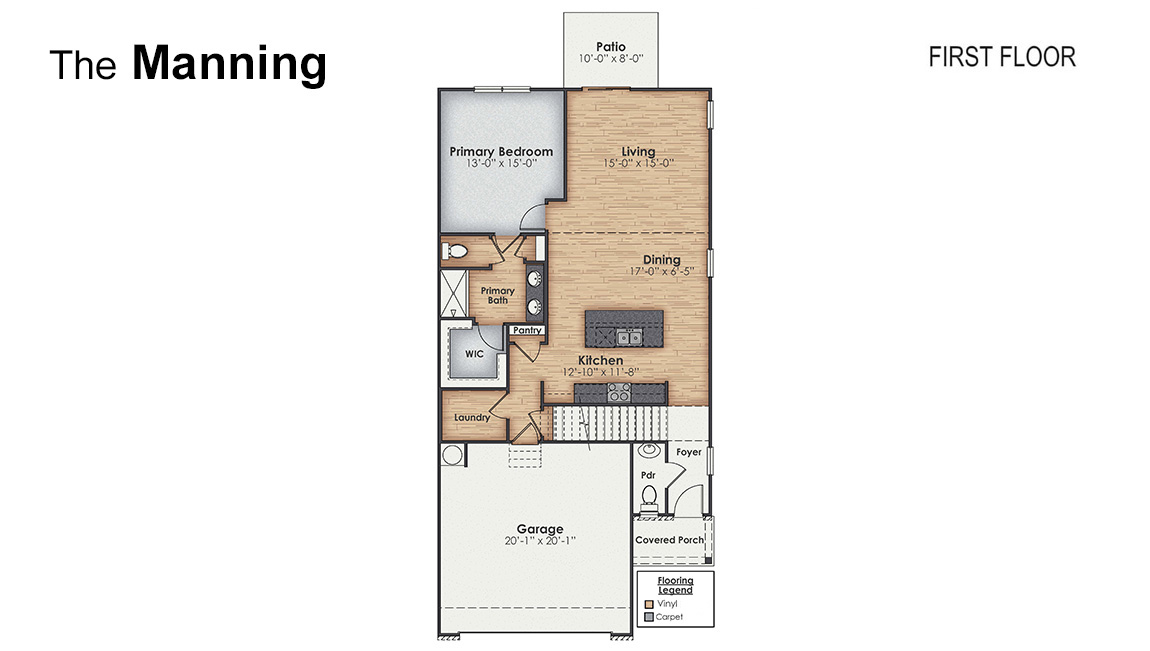 The Manning  is a 4-bedroom, 2.5-bathroom, 2,203 sq ft home with a 2-car garage, and it has the owner's suite on the main level. Entering the great room we find the dining area, family room and a wonderful cook's kitchen are all together for open living.