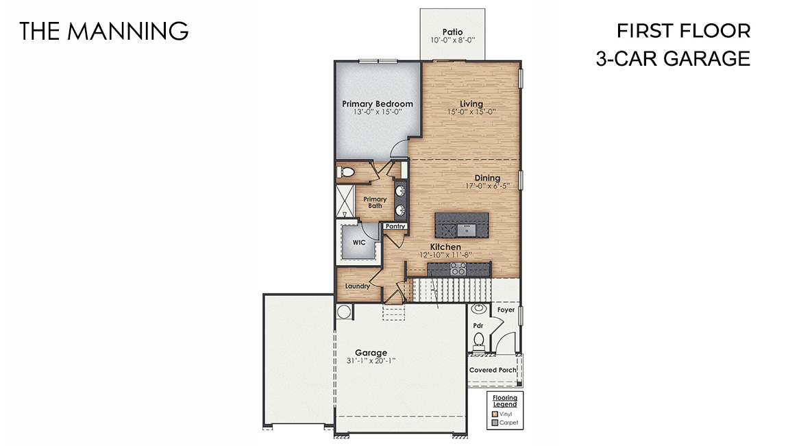 The Manning  is a 4-bedroom, 2.5-bathroom, 2,203 sq ft home with a 2-car garage, and it has the owner's suite on the main level. Entering the great room we find the dining area, family room and a wonderful cook's kitchen are all together for open living.