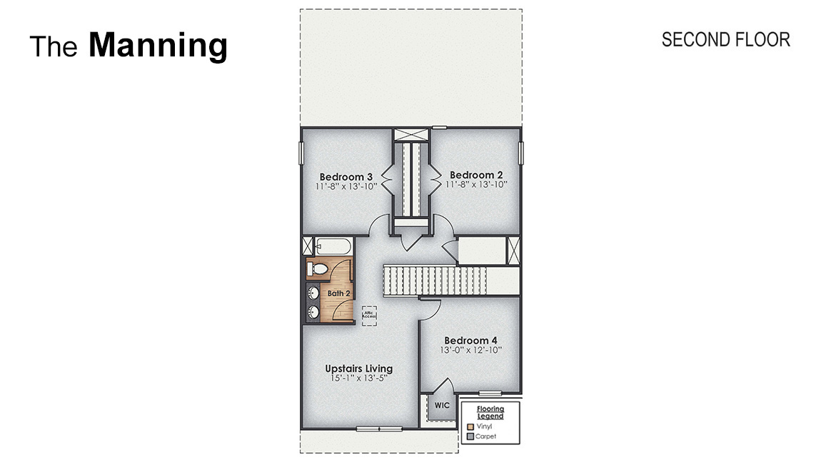 The Manning  is a 4-bedroom, 2.5-bathroom, 2,203 sq ft home with a 2-car garage, and it has the owner's suite on the main level. Entering the great room we find the dining area, family room and a wonderful cook's kitchen are all together for open living.