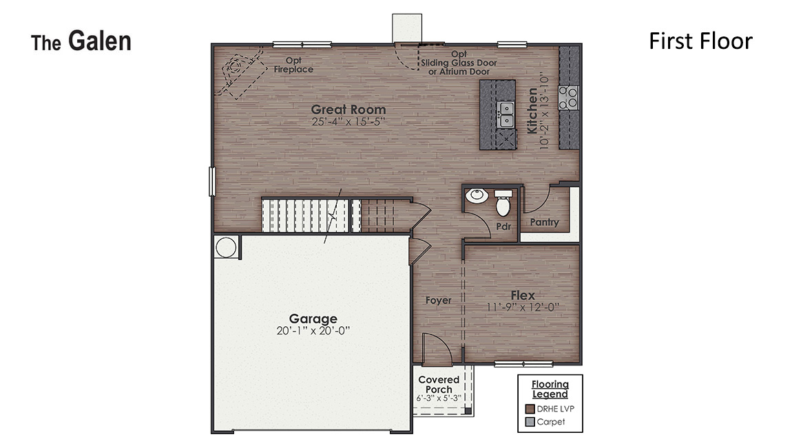 The Galen is a 2,338 sq ft home featuring 4 Bedrooms and 2.5 Baths. Its open-concept design