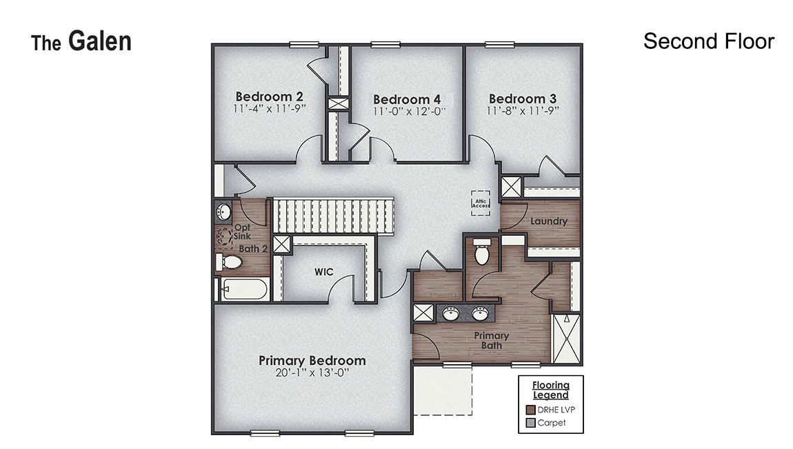 The Galen is a 2,338 sq ft home featuring 4 Bedrooms and 2.5 Baths. Its open-concept design
