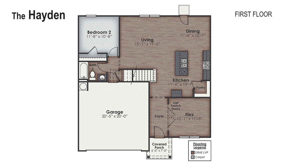 The Hayden offers 2,511 square feet with 5 bedrooms, 3 full bathrooms, 2-car garage and is one of our two-story floorplans