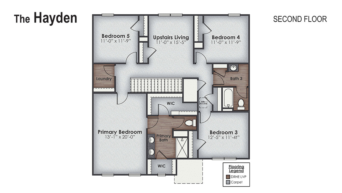 The Hayden offers 2,511 square feet with 5 bedrooms, 3 full bathrooms, 2-car garage and is one of our two-story floorplans