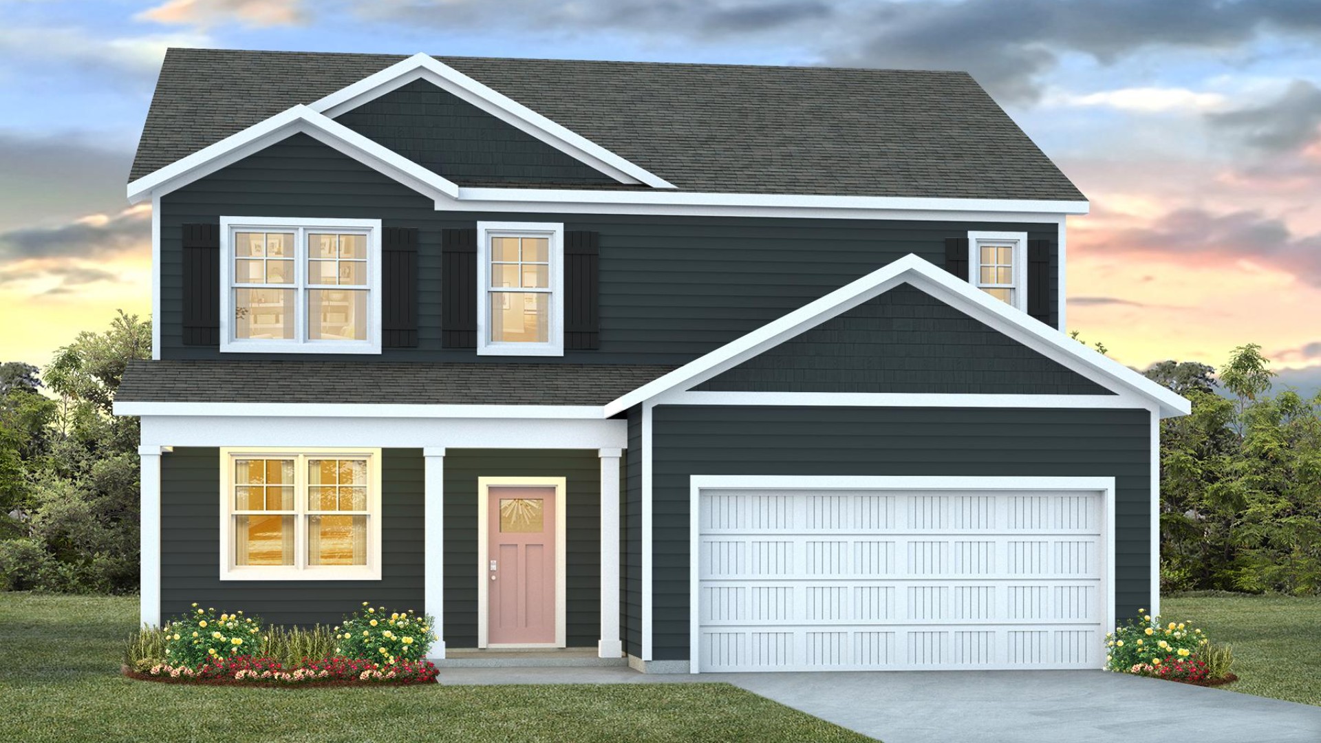 The Elle is a 2,721 sq ft home featuring 5 Bedrooms and 3.5 Baths. Its open-concept design includes a kitchen with Granite countertops, Stainless Steel Appliances, an island, and a walk-in pantry, while the large Great Room is ideal for entertaining.