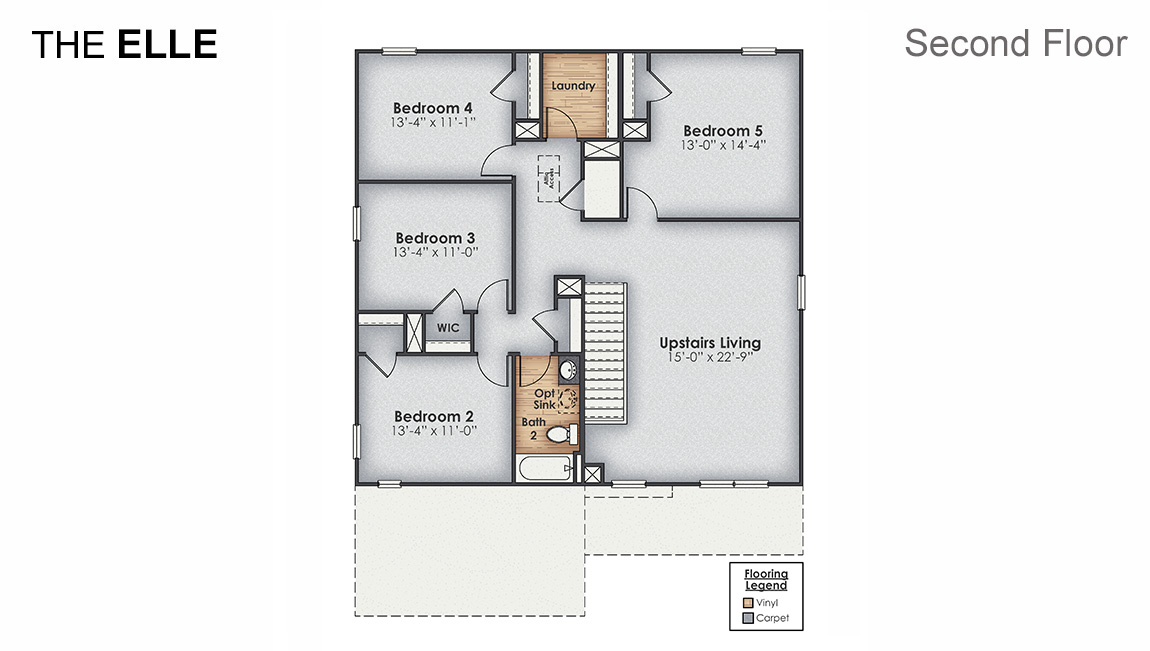 The Elle is one of our two-story floorplans in Sidbury Station, located in Wilmington, North Carolina. Inside this 5 bedroom, 2.5 bathroom home, you’ll find 2,713 square feet of comfortable living.