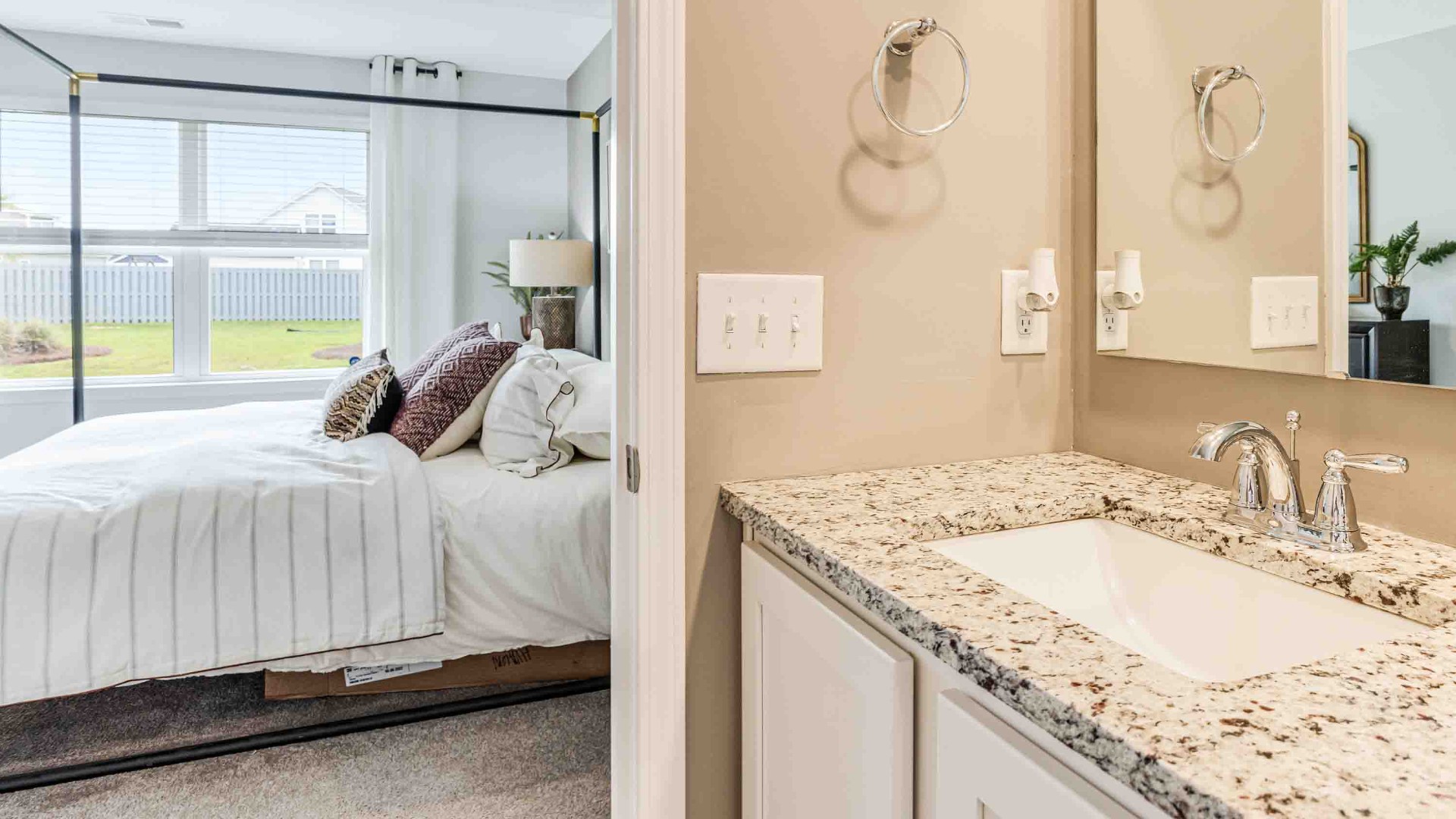 At the back, the Primary Suite provides privacy with a large walk-in closet and walk-in shower. This floor plan combines comfort and convenience, making it a great choice for those seeking an open layout.