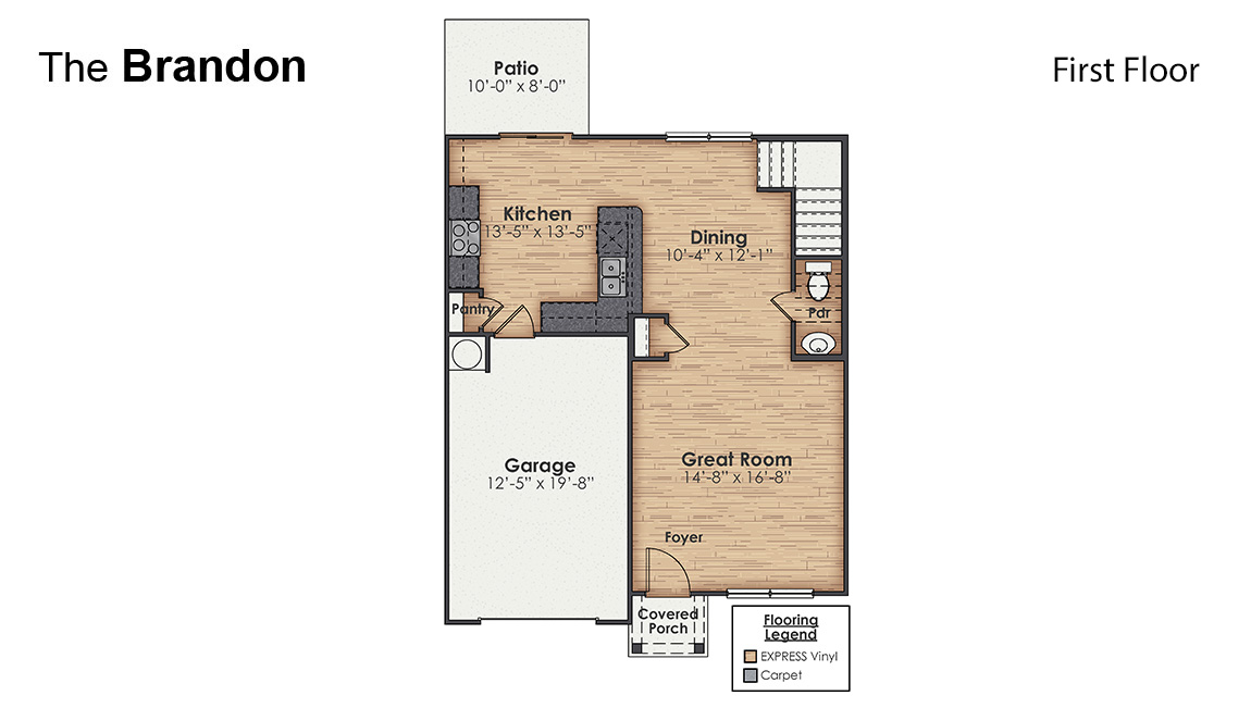 The Brandon offers an open floorplan where the great room leads into the dining room. The adjoining kitchen has a breakfast bar and pantry. Primary Suite with Deluxe Bath. Walk in closet off Primary Bath.