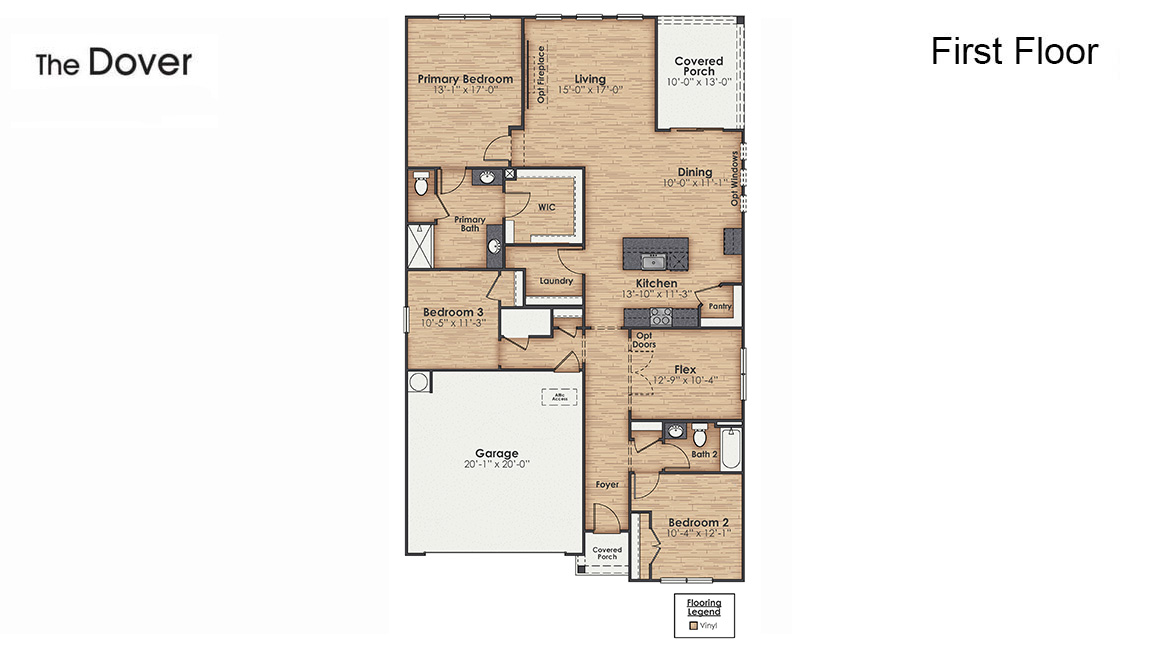 The Dover at Eagle Creek offers ranch-style living with open-concept spaces and flexible design options. Featuring 3-5 bedrooms, 2-3 bathrooms, up to 2,671 square feet