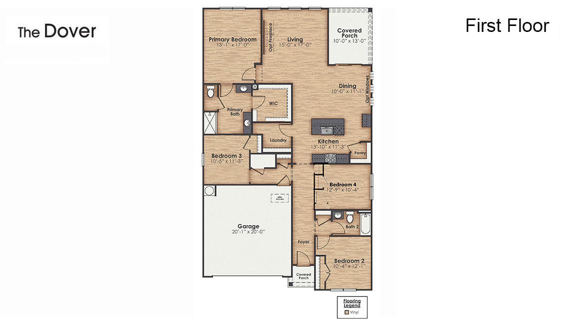 The Dover at Eagle Creek offers ranch-style living with open-concept spaces and flexible design options. Featuring 3-5 bedrooms, 2-3 bathrooms, up to 2,671 square feet