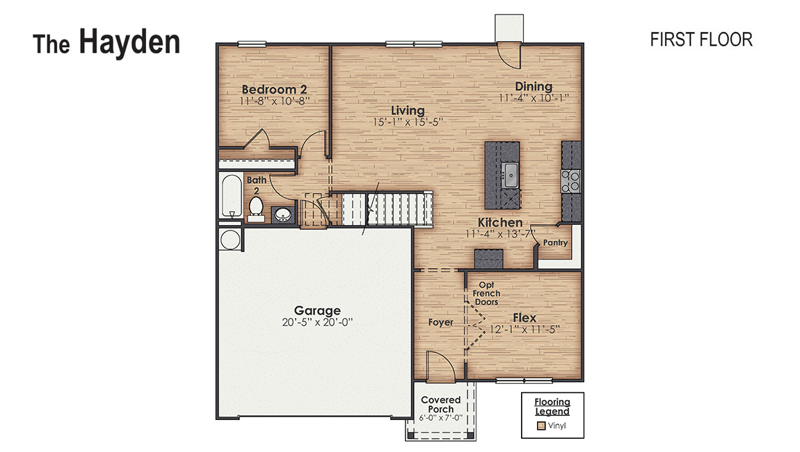 The Hayden Floorplan offers 2,511 square feet with 5 bedrooms, 3 full bathrooms, and a 2-car garage. With its spacious layout and modern amenities, the Hayden is perfect for those seeking a versatile and functional home.