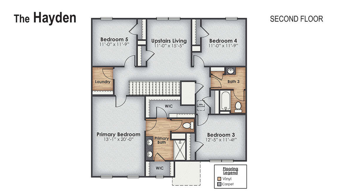 The Hayden Floorplan offers 2,511 square feet with 5 bedrooms, 3 full bathrooms, and a 2-car garage. With its spacious layout and modern amenities, the Hayden is perfect for those seeking a versatile and functional home.