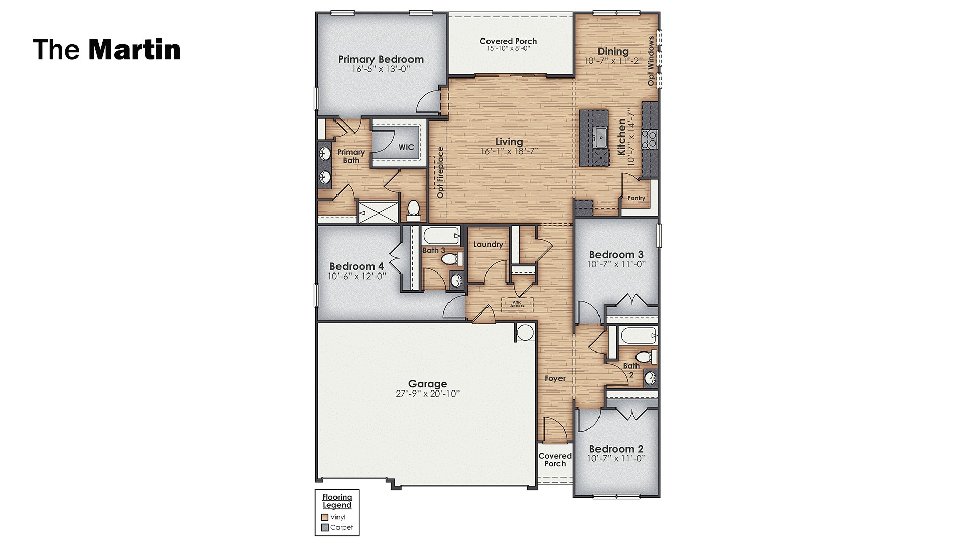 The Martin floorplan truly has it all — three-car garage, the spacious first floor features three bedrooms, including a guest ensuite, a flex room with elegant French doors. Inside you will find 4 bedrooms, 3 baths and 1,941 square feet of living space.